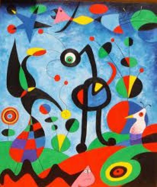 Jogo de Quebra Cabeça  Uma obra de Miró, que usa cores primárias e secundárias, com linhas em diferentes tamanhos e espessuras, levando a formas inusitadas. Se divirta montando a imagem e em menor tempo - site efuturo.com.br